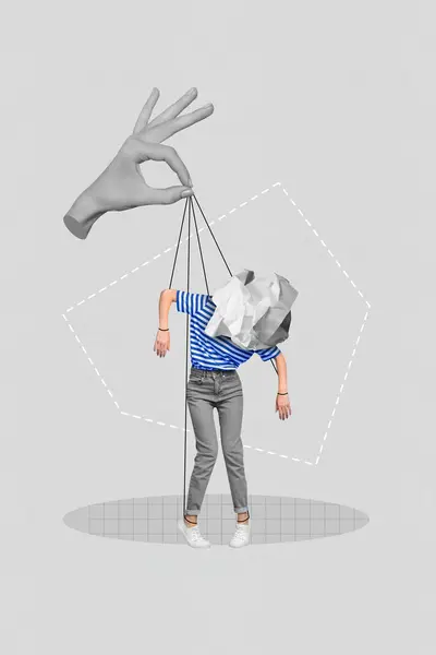 Collage Photo Poster Faceless Weak Personage Freak Hanging Strings Isolated — Stock Photo, Image
