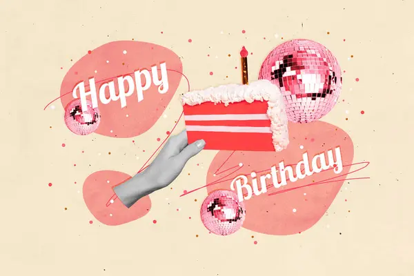Poster picture image collage of arm hold delicious birthday cake isolated on beige color drawing background.