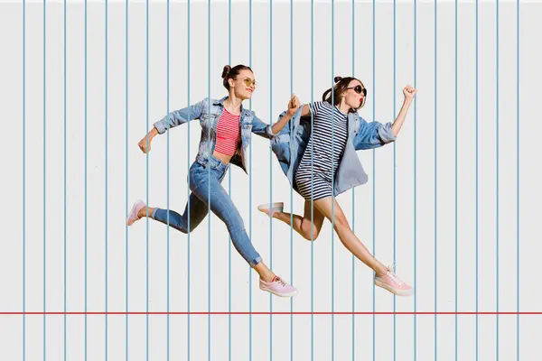 Creative Drawing Collage Picture Young Attractive Two Female Running Fast — Stock Photo, Image