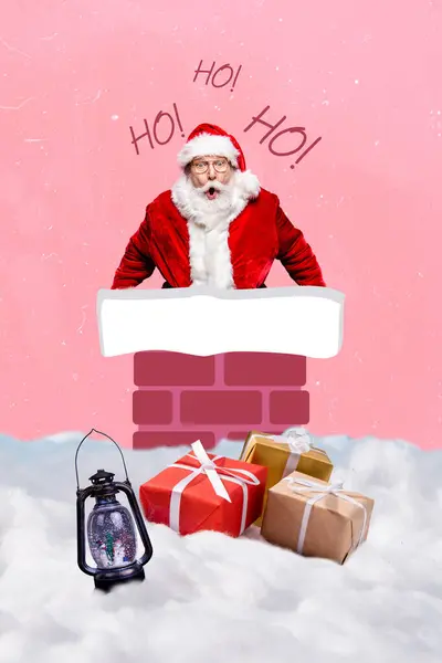 Vertical Collage Image Impressed Grandfather Santa House Chimney Snowball Gas — Stock Photo, Image