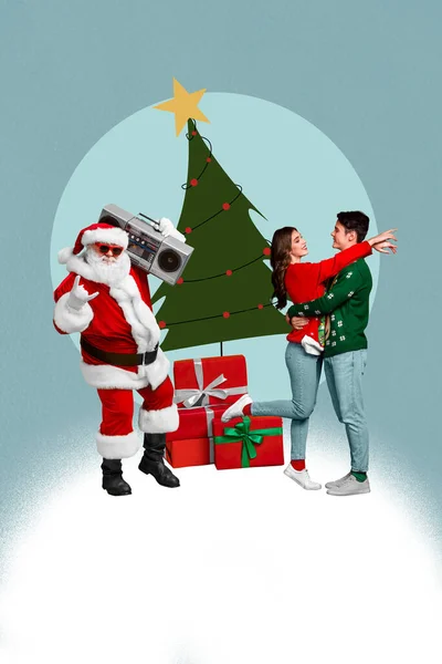 Verticale Immagine Collage Funky Santa Hold Boombox Spettacolo Heavy Metal — Foto Stock