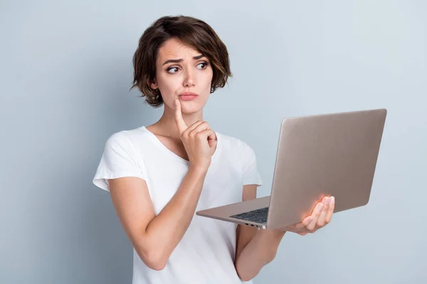 Portrait Ponder Pensive Woman Wear Stylish Shirt Look Laptop Finger — Stock Photo, Image