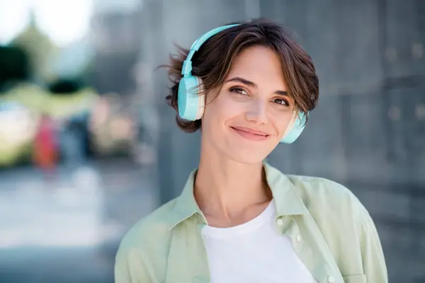 stock image Photo of adorable lovely girl listening music morning walk promenade free time weekend outdoors.