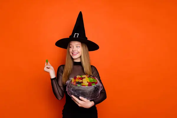 Photo Dreamy Charming Lady Wear Black Wizard Costume Cap Enjoying — Stock Photo, Image