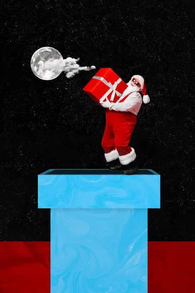 Collage Γραφικά Εικόνα Του Funky Santa Claus Περπάτημα Παράδοση Του — Φωτογραφία Αρχείου