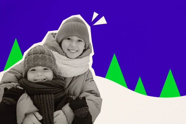 Collage Porträt Von Schwarz Weiß Effekt Zwei Kinder Kuscheln Genießen — Stockfoto