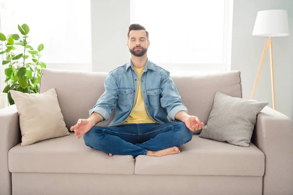 Full Length Body Size Young Millennial Jeans Outfit Meditating Sitting — Stock Photo, Image
