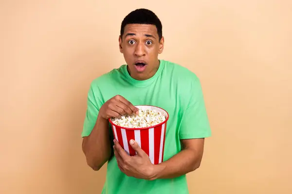 Photo Portrait Nice Young Guy Eating Popcorn Watch Horrow Movie — Stock Photo, Image