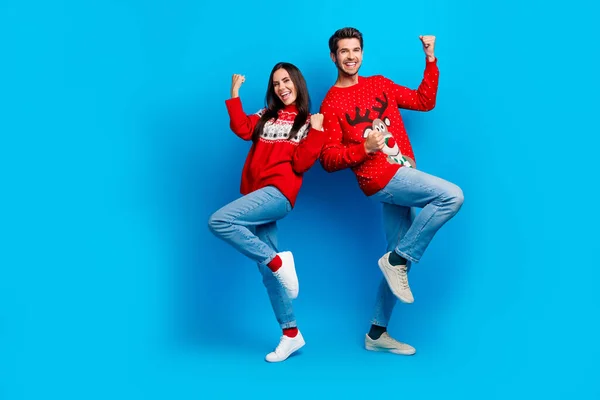 Full Body Photo Attractive Young Couple Raise Fists Celebrate Win — Stock Photo, Image