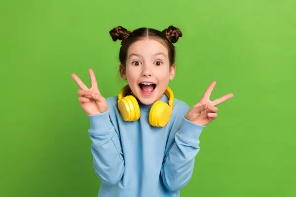 Photo of ecstatic funny schoolgirl with buns hairdo dressed blue pullover in headphones show v-sign isolated on green color background.