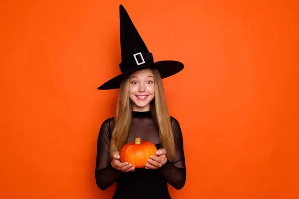 Photo Portrait Pretty Blonde Teenager Girl Hold Pumpkin Toothy Smile — Stock Photo, Image