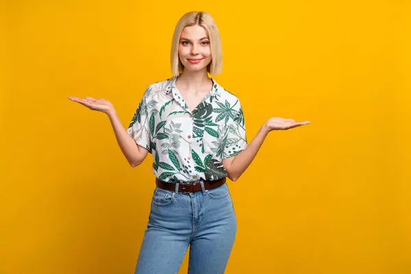 Photo Funky Cheerful Lady Wear Print Shirt Showing Arms Scales — Stock Photo, Image