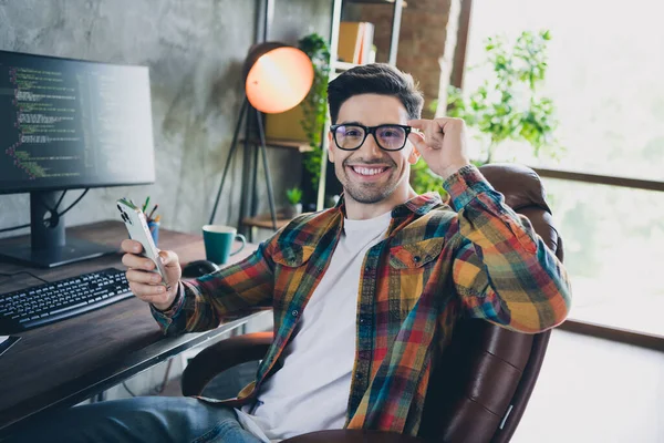 Portrait Cheerful Businessman Geek Enjoying Touching New Glare Coating Eyeglasses — Stock Photo, Image