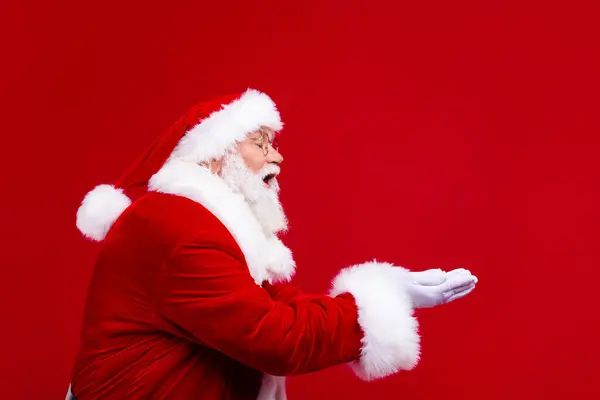 Profilo Laterale Foto Nonno Stupito Indossare Elegante Costume Babbo Natale — Foto Stock