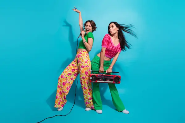 Ganzes Foto Von Zwei Jugendlichen Studentinnen Verbringen Sommer Wochenende Singen — Stockfoto