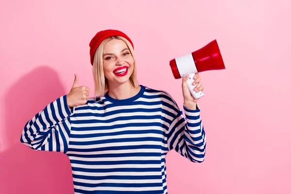 Photo Cool Confident Girl Dressed Striped Shirt Rising Bullhorn Showing — Stock Photo, Image