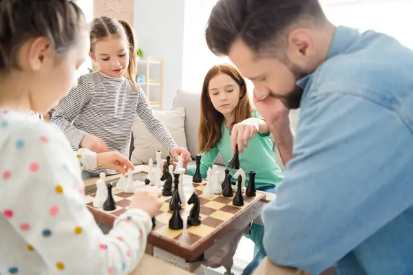 Portrait Nice Intellectual Focused Family Playing Chess Alone Dad Daddy — Stock Photo, Image