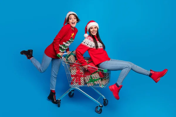 Full Length Photo Cute Excited Women Santa Elves Wear Ornament — Stock Photo, Image