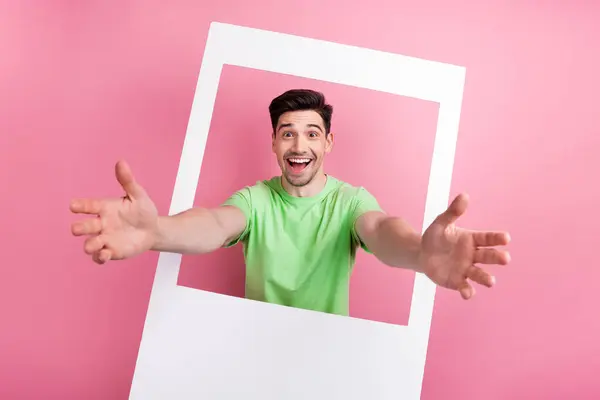 Photozone Memories Image Young Funny Man Paper Frame Has Shot — Stock Photo, Image