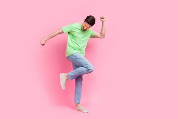 Full Body Photo Cheerful Happy Young Boyfriend Dance Wear Sunglass — Stock Photo, Image