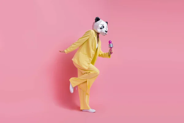 Karizmatik Garip Boyutlu Panda Maskeli Kadının Tüm Vücut Portresi Mikrofon — Stok fotoğraf