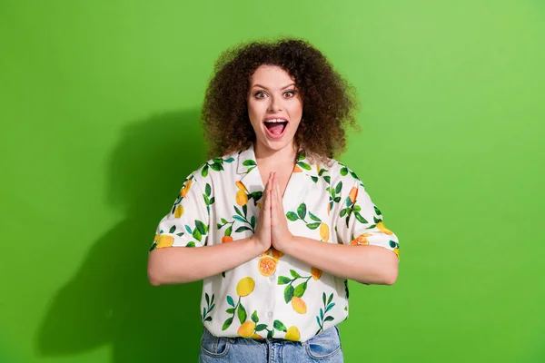 Photo of funky excited lady wear print shirt two arms together waiting shopping isolated green color background.