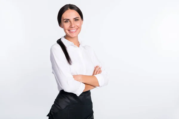 Photo Portrait Smiling Woman White Shirt Crossed Hands Isolated White — Stock Photo, Image