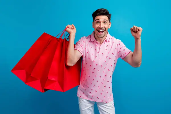 Photo Funky Crazy Person Hold Store Bags Raise Fist Shout — Stock Photo, Image