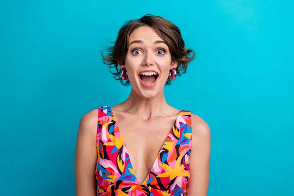 Portrait Astonished Overjoyed Person Short Hairstyle Wear Colorful Dress Staring — Stock Photo, Image