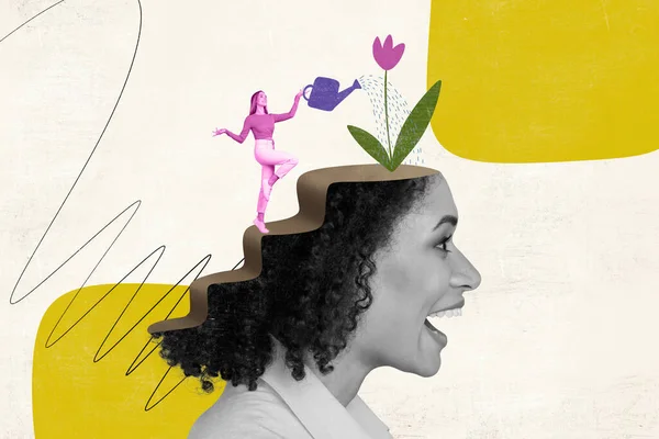 Kafasında Büyüyen Laleyle Boyanmış Arka Planda Büyüyen Çılgın Bir Kadının — Stok fotoğraf