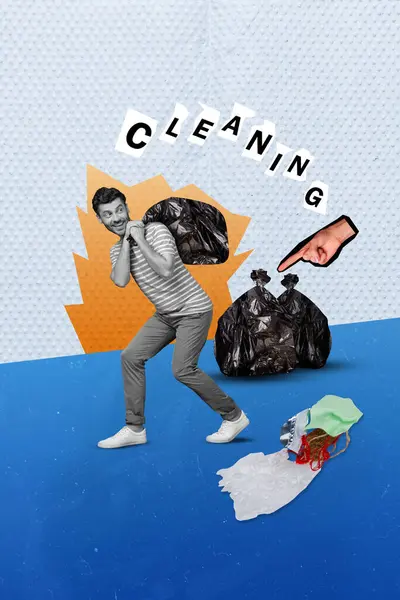 Vertical image creative composite collage photo of positive guy pull bag of rubbish cleaning environment isolated painted background.