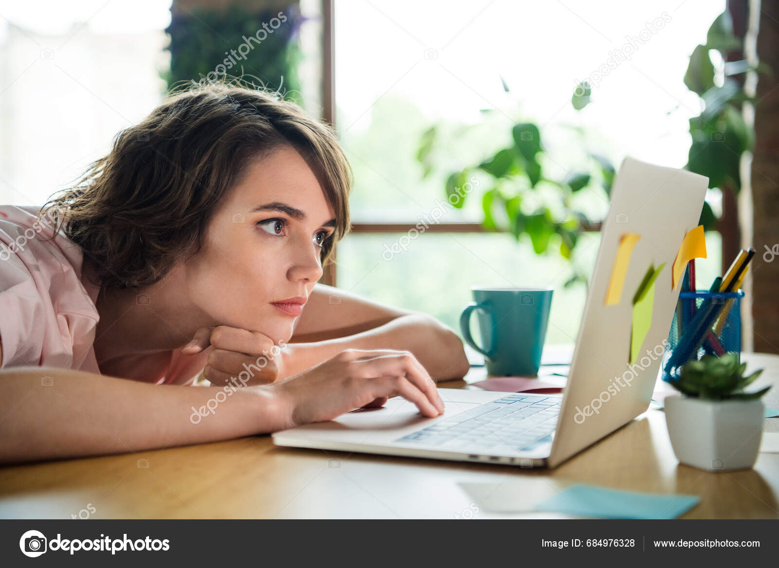 Photo Tired Young Woman Check Orders Customers Motivation Ambitions
