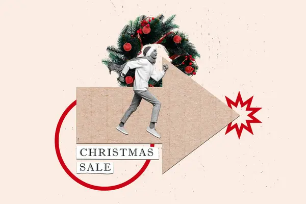 Collage Compuesto Imagen Hombre Corriendo Flecha Punto Ventas Navidad Año —  Fotos de Stock