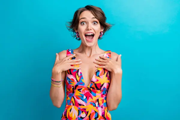 Portrait Astonished Overjoyed Cute Girl Wear Colorful Dress Hands Chest — Stock Photo, Image