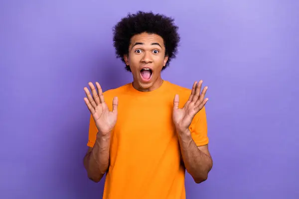 Photo Funky Young Guy Hands Crazy Impressed Reaction Wear Orange — Stock Photo, Image