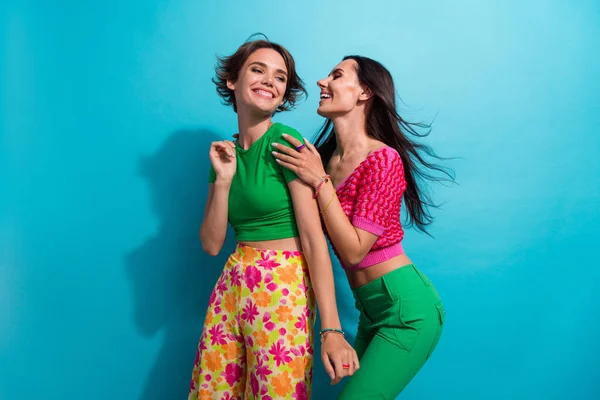 Photo Pretty Sweet Ladies Wear Colorful Clothes Dancing Disco Empty — Stock Photo, Image