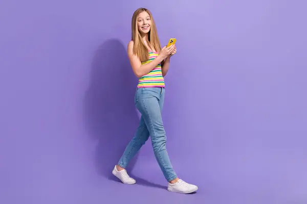 Full Size Photo Pretty Teenager Blonde Girl Hold Telephone Walking — Stock Photo, Image