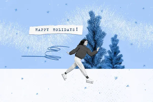 Kreative Zeichnung Collage Bild Der Energischen Eisläuferin Weihnachten Neujahr Grußkarte — Stockfoto