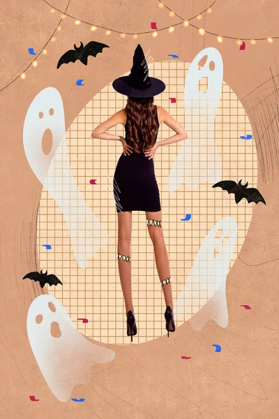 Vertical composite creative photo collage of young witch stand turned with her back at halloween party isolated drawing background.