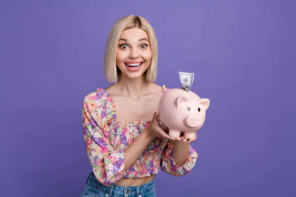 Portrait Nice Cheerful Lady Beaming Smile Arms Hold Money Bank — Stock Photo, Image