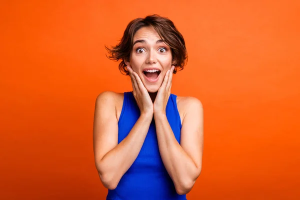 Photo Excited Funky Lady Wear Blue Singlet Arms Cheeks Open — Stock Photo, Image