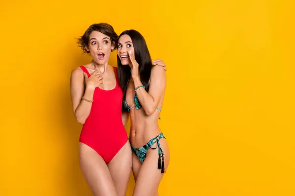 Photo Dames Drôles Excitées Portent Bikini Parler Secrets Regardant Vide — Photo