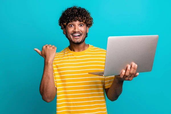 Portrait Impressed American Man Hold Wireless Laptop Direct Finger Empty — Stock Photo, Image
