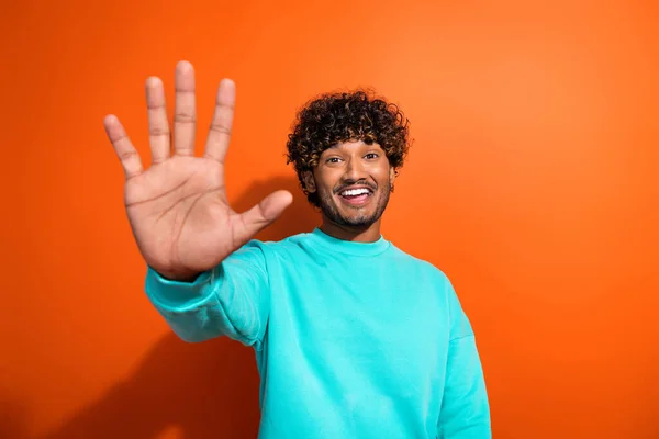 Close Photo Young Funny Friendly Guy Showing High Five Sign — Stock Photo, Image