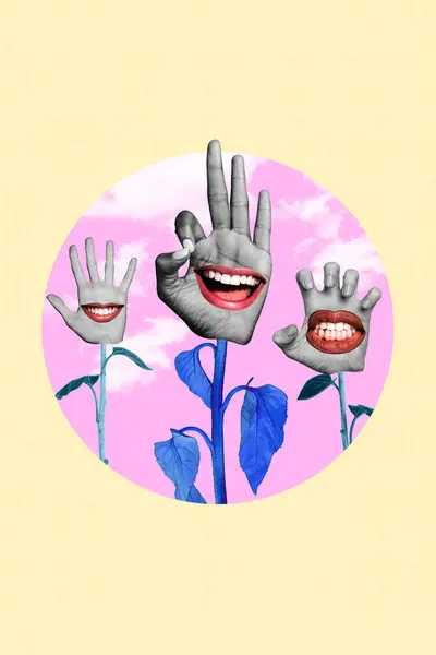 Kreatywny Dziwny Kolaż Kwiatów Różnych Emocjach Usta Uśmiechnięte Wiśnia Lub — Zdjęcie stockowe
