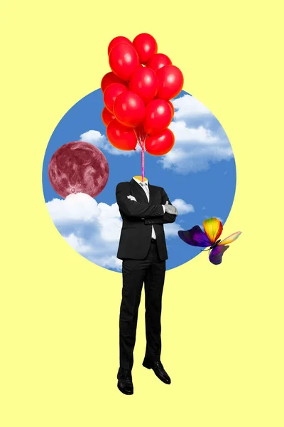 Креативна Ілюстрація Колаж Невідомого Хлопця Обличчя Літаючих Червоних Повітряних Кульок — стокове фото