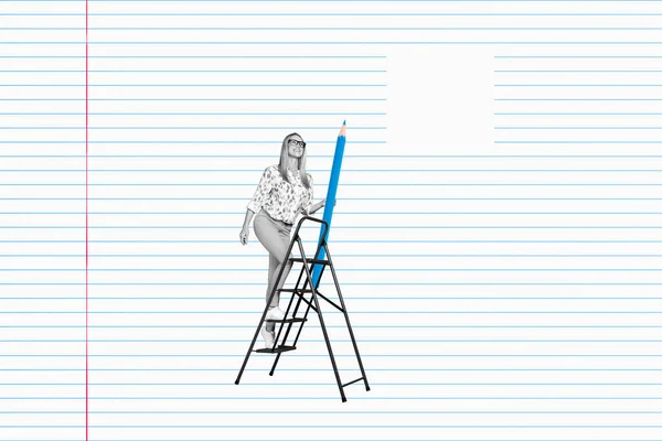Kreatywny Abstrakcyjny Szablon Kolaż Dojrzałej Kobiety Wspinającej Się Schodach Podpisu — Zdjęcie stockowe
