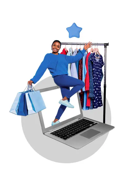 Colagem Vertical Anúncio Jovem Mulher Feliz Shopaholic Laptop Online Pagar — Fotografia de Stock