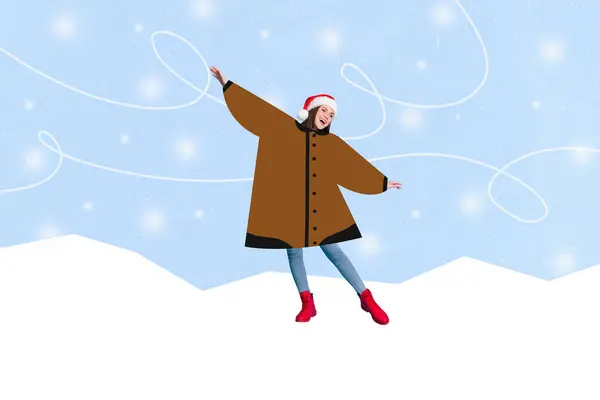 陽気な大喜びの少女の創造的なコラージュのイメージは塗られた冬の背景で隔離されたお祝いのクリスマスの時間雪の天気を楽しみます — ストック写真