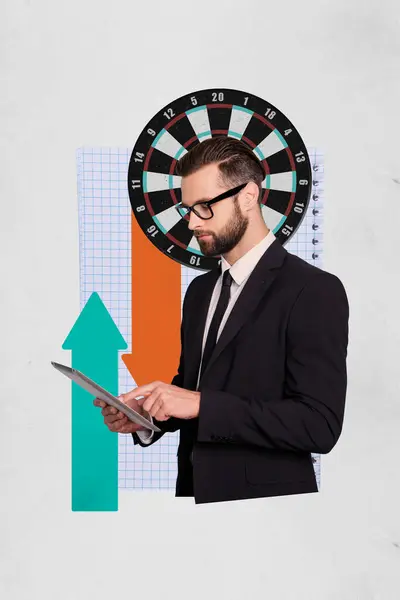 Creative abstract template collage of serious suit businessman entrepreneur financier trader economist darts target achieve success.